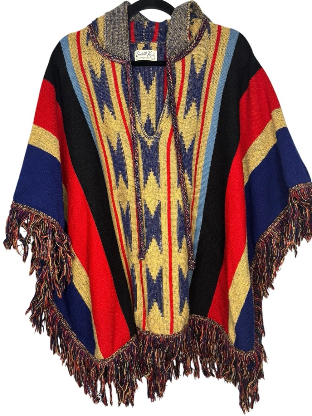 Vtg 70's Cuddle Knit Wool Southwestern Print Hooded Fringe Trim Poncho O/S